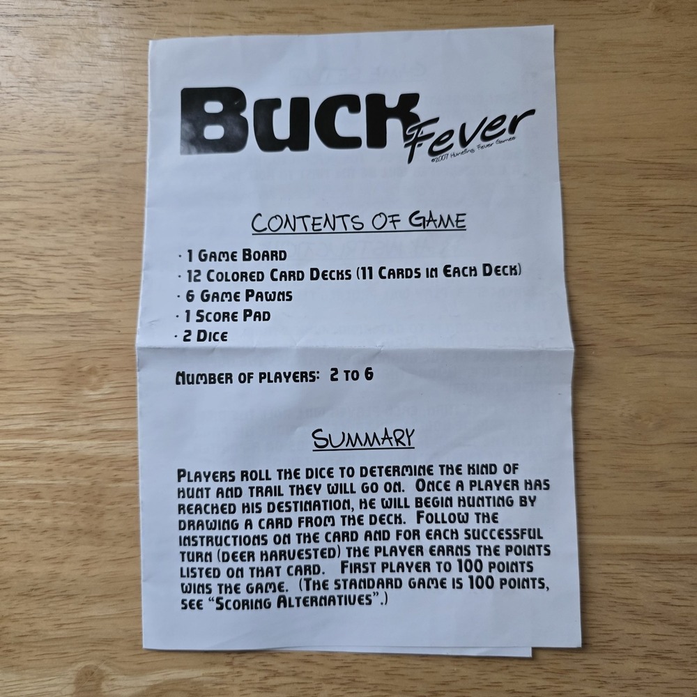 Buck Fever 2007 Game Rules Replacement‎ Pieces Parts